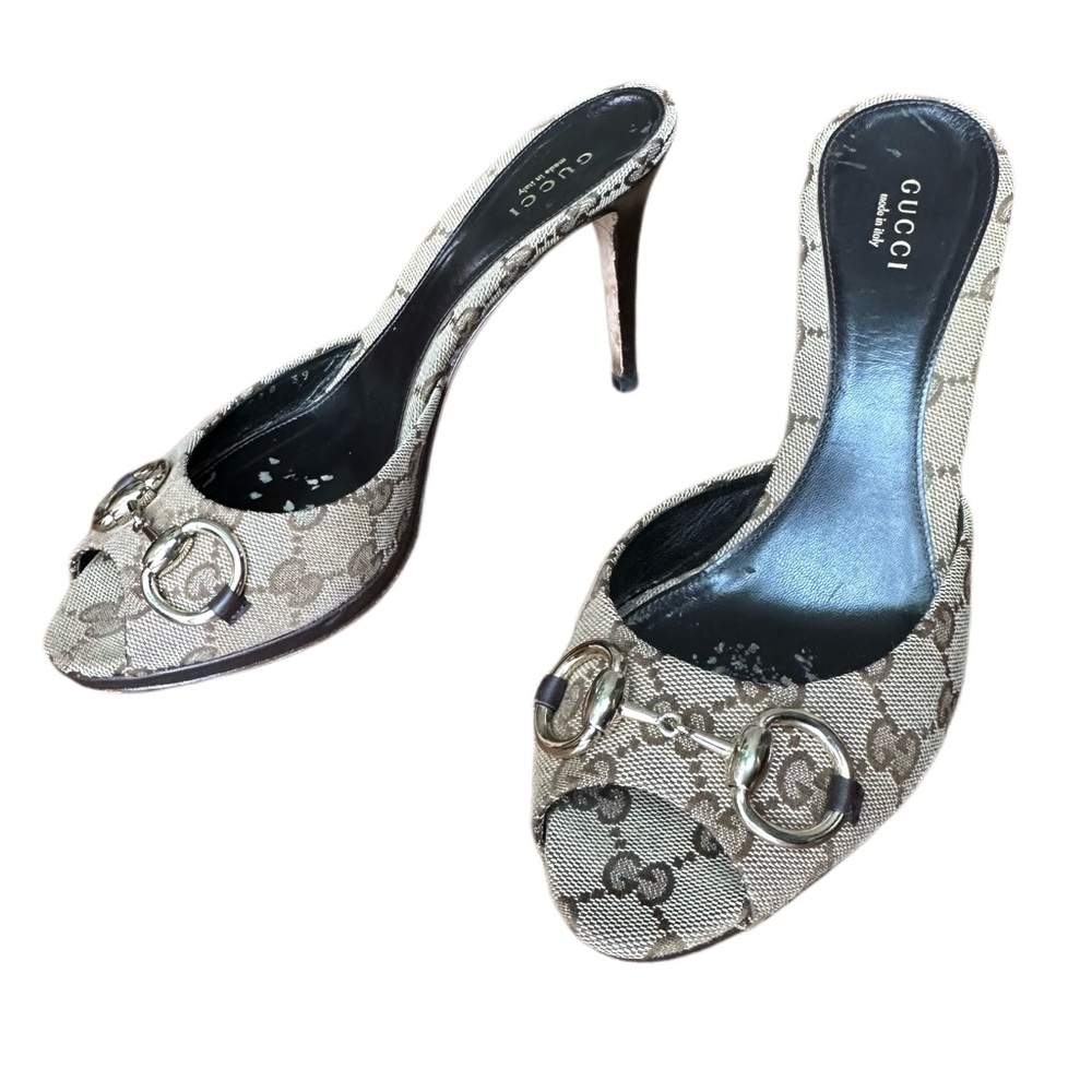 Vintage Gucci Leather GG Fabric Shoe Heel Horsebit Sand Tan Size 9 39 Italian